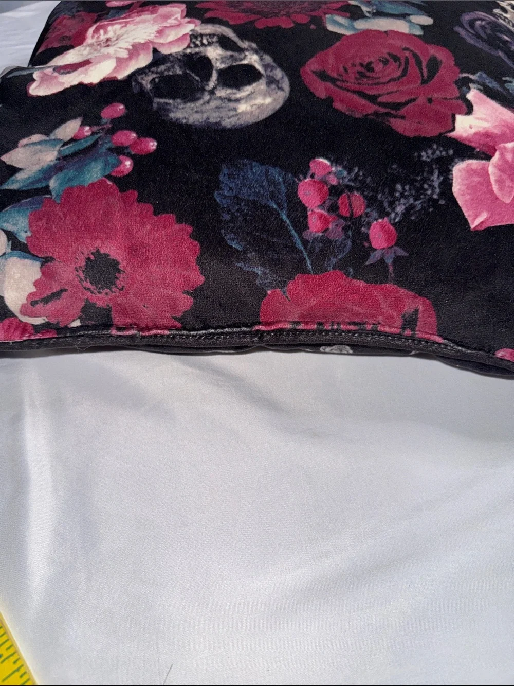Floral & Skull Velvet Throw Pillow — Black with Pink & Red Flowers